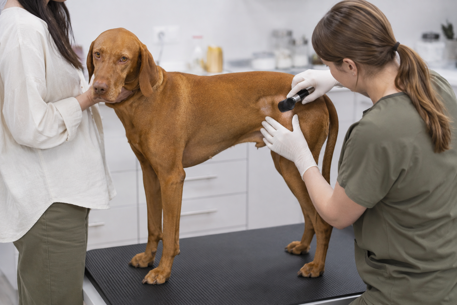 Veterinář vyšetřuje kůži a srst psa s lysinami